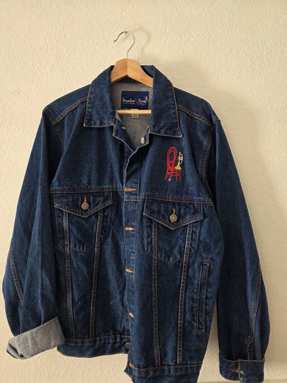 Vintage  Dark Blue Denim Jacket with Gold 50th Anniversary Graphic JAZZ Fest